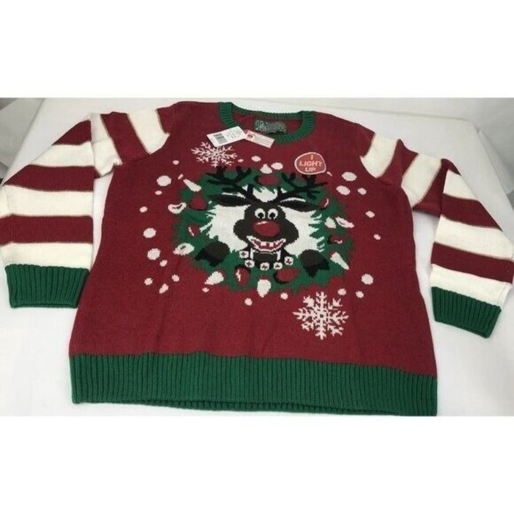 Ugly Christmas Sweater Womens Large L‎ Lights Up Reindeer Wreath Ladies holiday